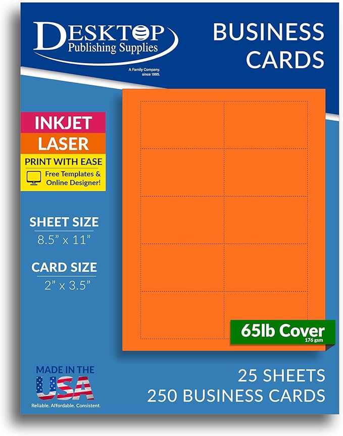 Colored Business Cards - 25 Sheets / 250 Business Cards - Inkjet & Laser - 10 per sheet (Bright Orange)