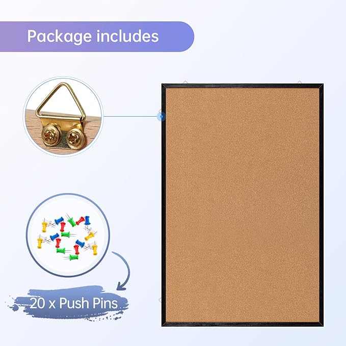 Miou Cork Board Bulletin Board, 36in X 24“ Decorative Hanging Pin Board for Wall with Black Wood Frame, 50 Push Pins Included…, 36inX24in Black…