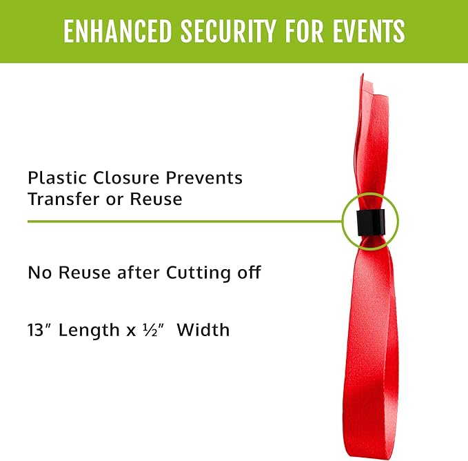 Wristco 100 Red Cloth Event Wristbands – Plastic Closure to Prevent Transfer or Reuse – Premium-Grade Fabric Bracelets for Party Entry, Summer Camp, VIP Identification, Drink Ticket ID