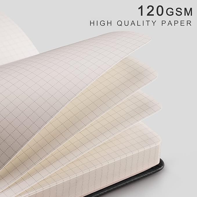EMSHOI Graph Paper Notebook - 256 Pages A5 Graph Notebook/Journal, Hard Cover, 120gsm Thick Paper, Smooth PU Leather, Inner Pocket, 5.75'' × 8.38''-Black