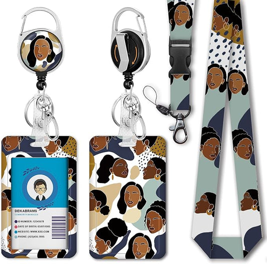 ID Badge Holder with Breakaway Lanyard, Retractable Badge Reel Heavy Duty, Vintage Art Face Lanyards for ID Badges Ajustable, Teacher Nurse Work Office Gifts