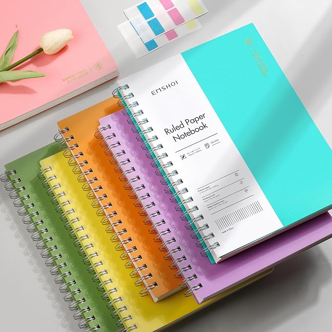 EMSHOI A5 Spiral Notebook College Ruled Lined Journal, Small 5.7" X 8.22", 300 Pages/150 Sheets, 100gsm Thick Paper, Waterproof Hardcover, for Office School Women Men Work Writing Notes-Pink