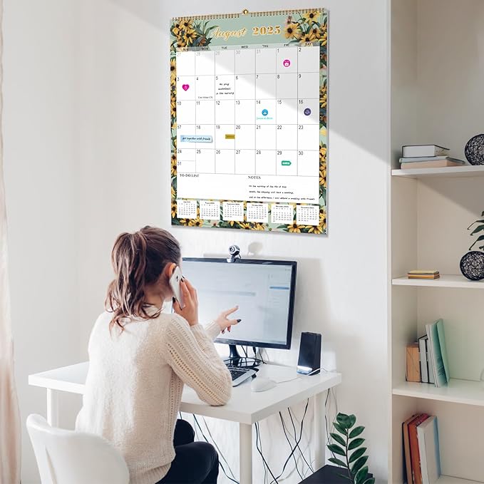 Gannyfer 2025 Wall Calendar, Large Wall Calendar 22"x17", 18 Monthly Hanging Calendar January 2025-June 2026, Yearly Planner Calendars with Plastic Cover, Thick Paper for Home School, or Office, Christmas Gifts for Women-Floral (6 Funny Stickers)