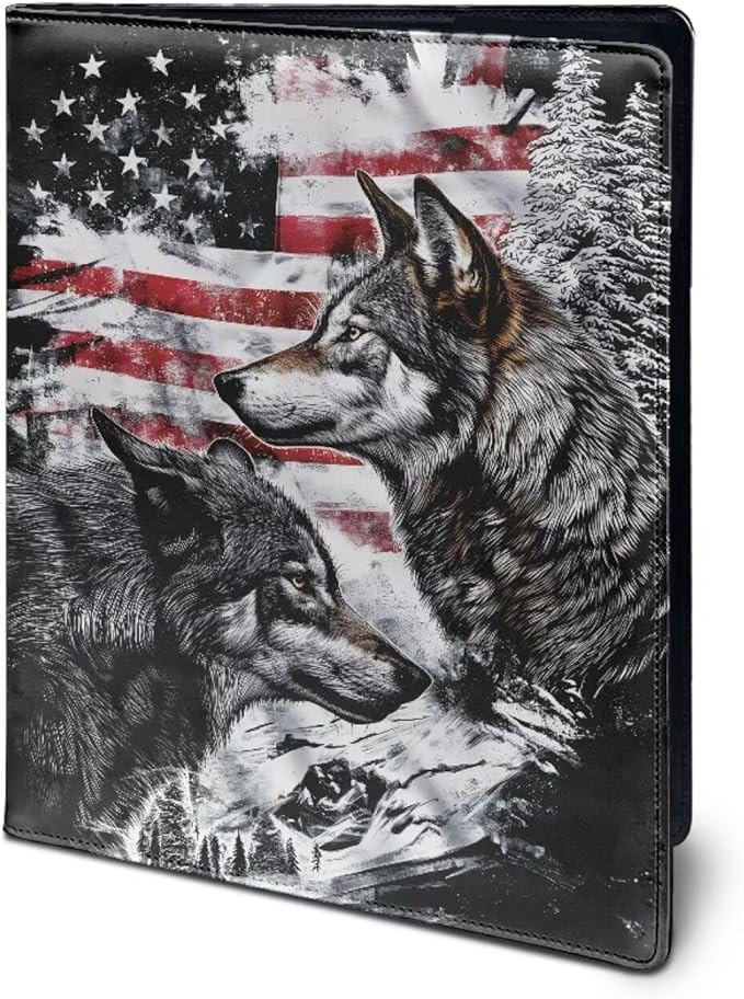 Cozeyat Portfolio Organizer Padfolio for Men American Flag Wolf PU Leather Portfolio A4 PU Leather Conference Folder Letter Size Document Organizer Binder