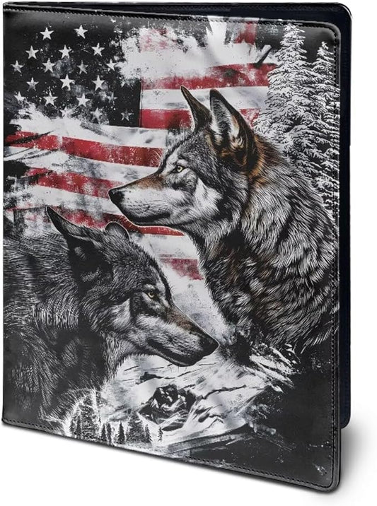 Cozeyat Portfolio Organizer Padfolio for Men American Flag Wolf PU Leather Portfolio A4 PU Leather Conference Folder Letter Size Document Organizer Binder