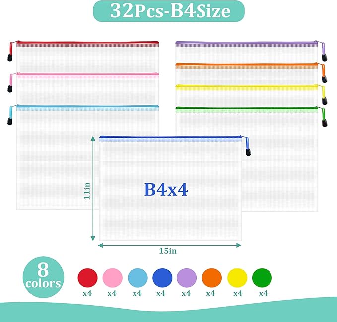 32pcs Mesh Zipper Pouch Bags, B4 Zipper Pouch, Mesh Bags With Zipper, Plastic Zipper Pouches, 8 Colors Zipper Pouches for Organizing, Board Game Storage, Travel, School Office organize