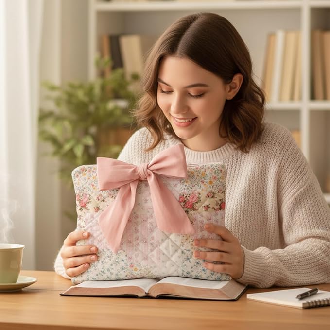Honoson Quilted Bow Bible Sleeve Book Cover Case Padded Protector Washable Bible Bag Pouch Christian Gift for Women Girls Book Lover Gifts(Assorted Floral)
