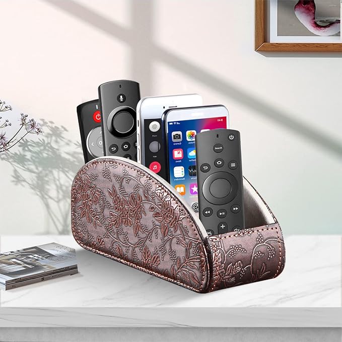 TV Remote Control Holder with 5 Compartments,Pu Leather Remote Caddy/Box/Tray Nightstand Desktop Storage Organizer Store DVD,Blu-Ray,Media Player,Heater Controllers, Makeup Office Supplies
