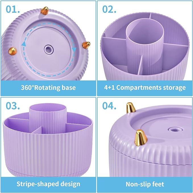 Marbrasse Desk Organizer, 360-Degree Rotating Pen Holder for Desk, Desk Organizers and Accessories with 5 Compartments Pencil Organizer, Art Supply Storage Box Caddy for Office, Home（Purple）