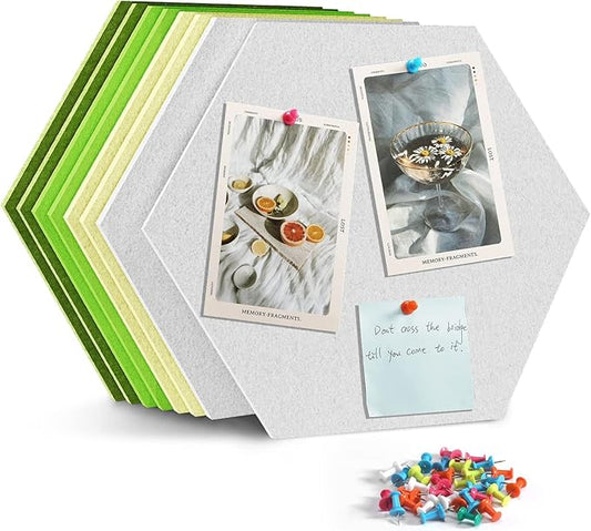 12" Large Bulletin Board with 30 Push Pins, Pack of 8 Hexagon Felt Pin Board Notice Boards for Home Office Kitchen, Felt Wall Tiles for Photos Memos (White Green)