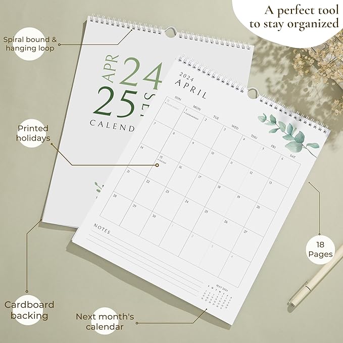 Vertical Greenery Wall Calendar 2024-25, 18 Months Calendar for Wall (April 2024 to September 2025) 11x13.5 Inches Premium Quality with Spiral Twin-Wire Binding