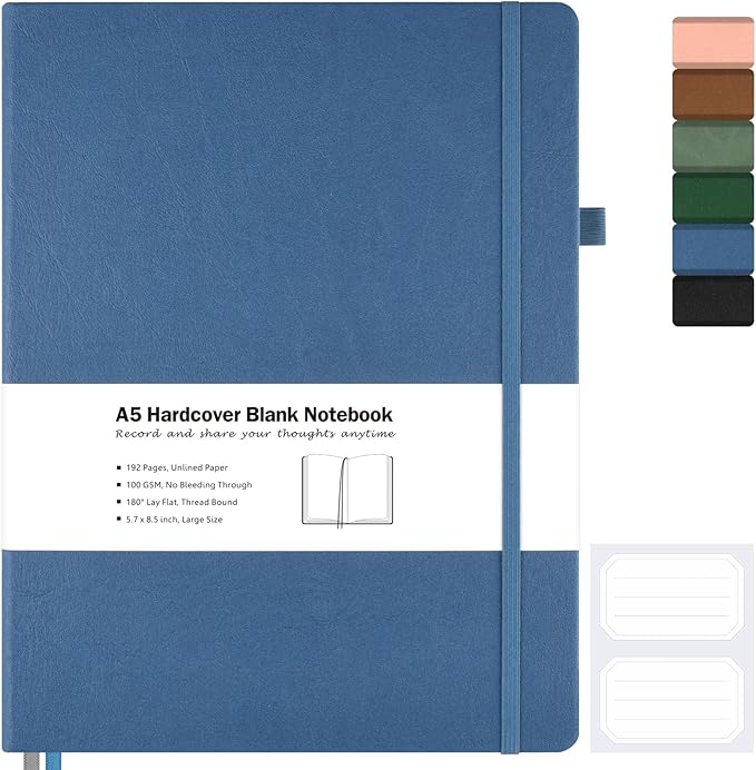 Blank Notebook, Hardcover Sketch Book, 8.5 x 5.5 Large Blank Journal, No Bleed Thick Paper Sketchbook for Drawing, Unlined Notebook Journal for Women Men School, A5 Leather Sketchbook, Lay Flat, Navy