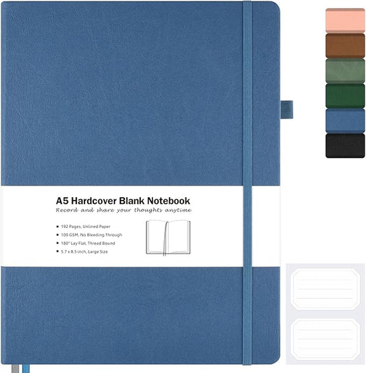 Blank Notebook, Hardcover Sketch Book, 8.5 x 5.5 Large Blank Journal, No Bleed Thick Paper Sketchbook for Drawing, Unlined Notebook Journal for Women Men School, A5 Leather Sketchbook, Lay Flat, Navy
