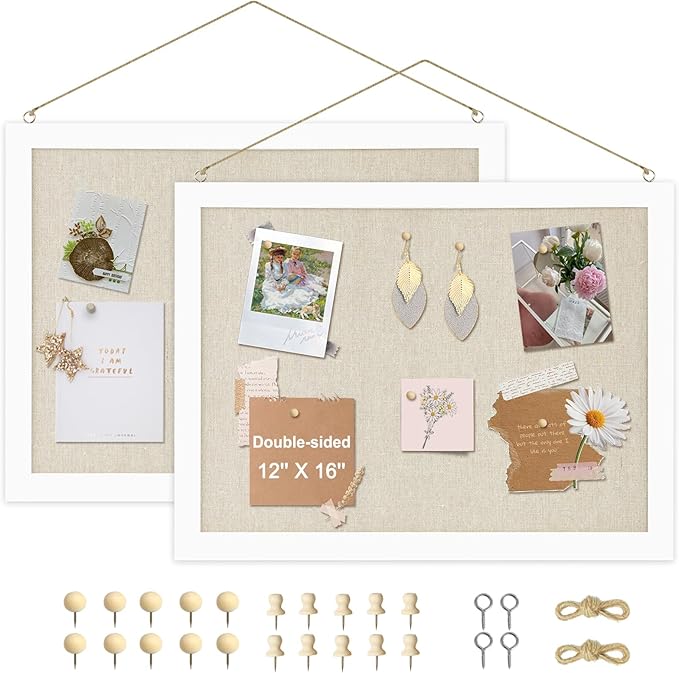 2-Pack Double-Sided Cork Board with Linen, 16" x 12" Hanging Wood Framed Bulletin Board, Picture Display Vision Board Kit Corkboards for Wall School Office Decor, 20 Pushpins (Vintage White)