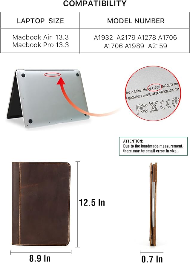 Top Grain Leather 13.3" Slim Laptop Folio Case Protector, Vintage Open Style, Fully Handmade, Compatible with MacBook Pro 13.3" MacBook Air 2022 DELL XPS 13" & Other PC, Coffee 13.3 Inch