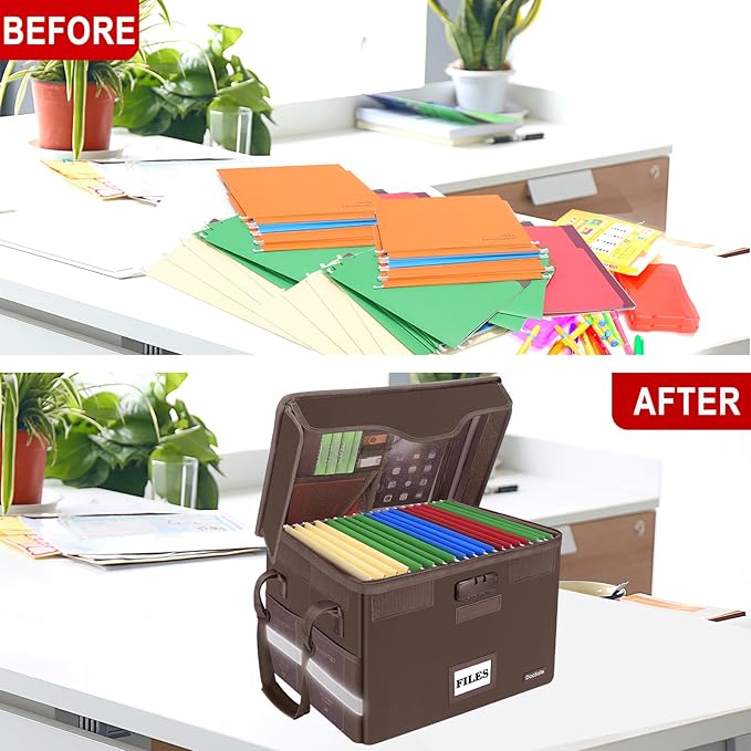 DocSafe File Box Fireproof Document Box with Lock, File Storage Organizer Box with Pockets,Collapsible Portable File Box Home Office File Cabinet with Handle for Hanging Letter/Legal Folder,Brown