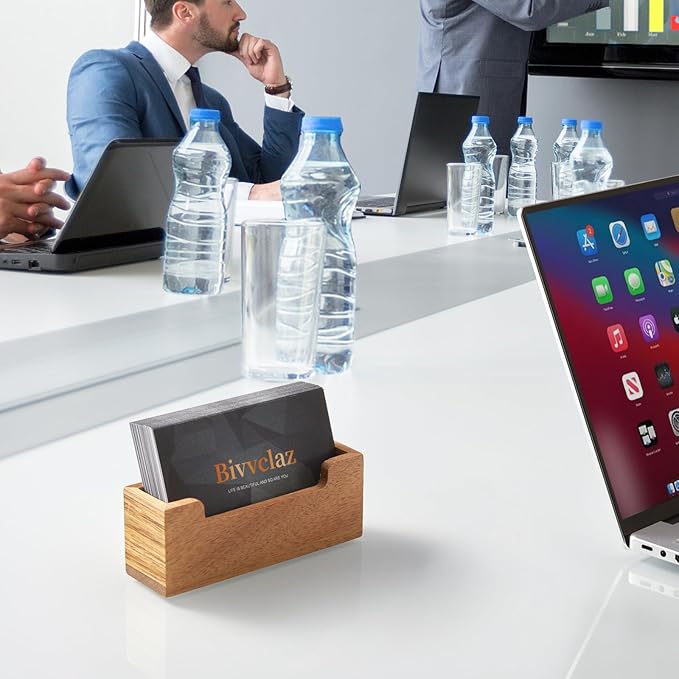 2 Pack Business Card Holder Desk, Acacia Wood Business Card Organizer Desktop Business Card Display Stand for Office Tabletop Exhibition, Small Business Essentials