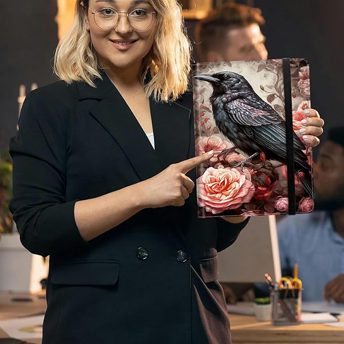 Bird and Roses PU Leather Padfolio Clipboard Notepad with Pen Loop and Elastic Strap Interview/Resume Document Organizer for Business School Office