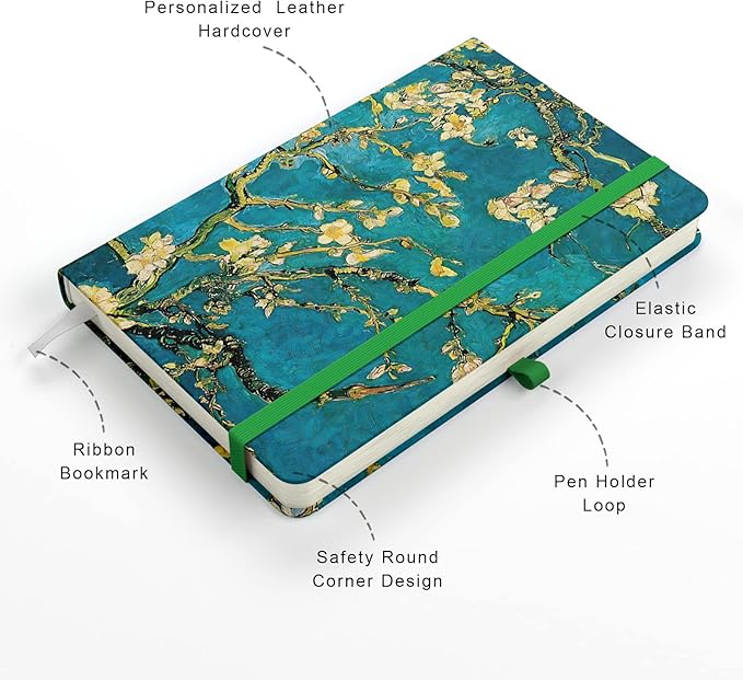 Small Notebook, Mini Pocket Journal A6 5.7" x 3.9", Leather Hardcover Journal with Pen Holder, 160 Thick Papers, Cute Lined Notebook Small Notepad for Women Writing Work Travel, Green Flower