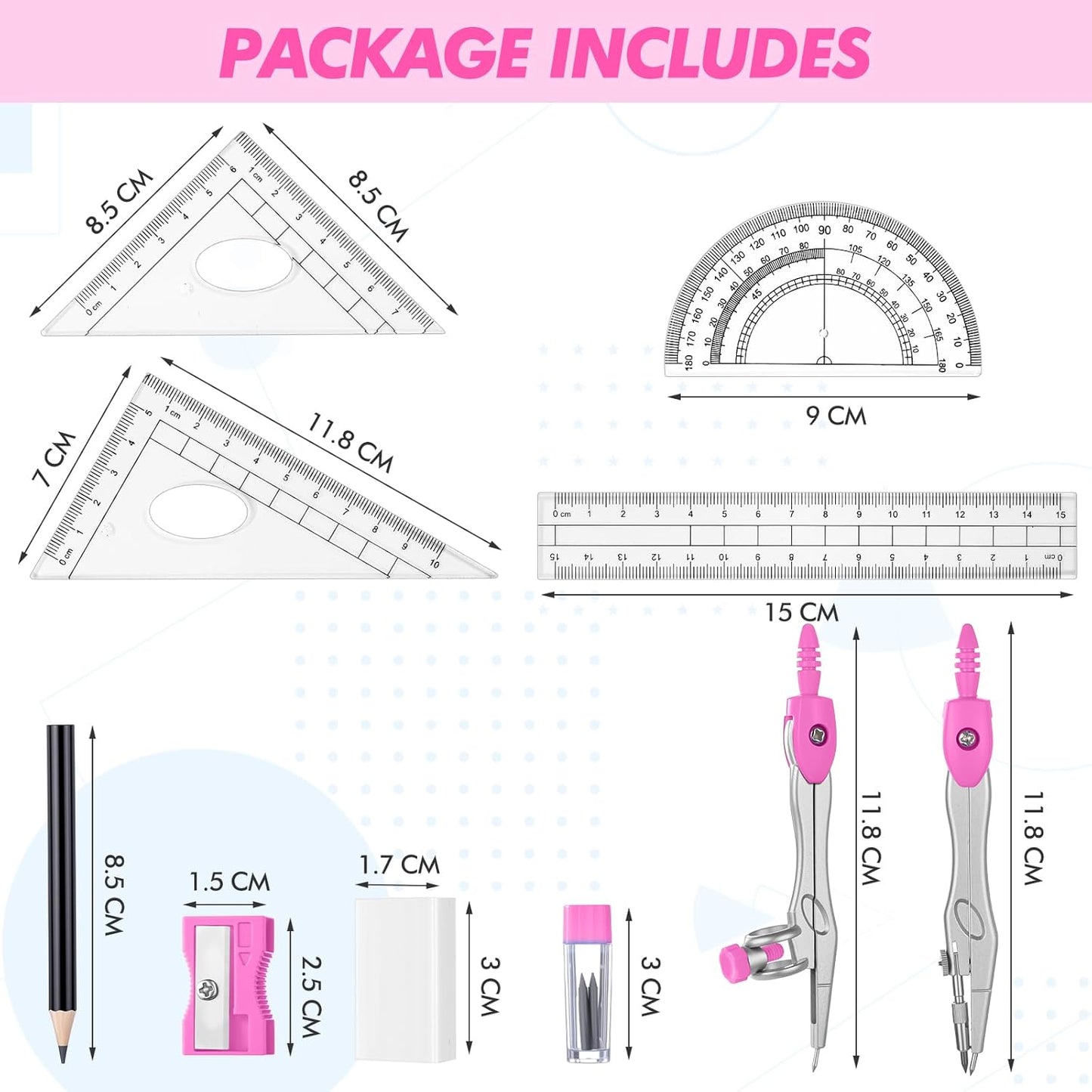 Zonon Math Geometry Set 10 Pcs Student Supplies with Shatterproof Storage Box, Includes Rulers Protractor Compass Pencil Sharpener Lead Refills Eraser Pencil for Drafting and Drawings(Pink)