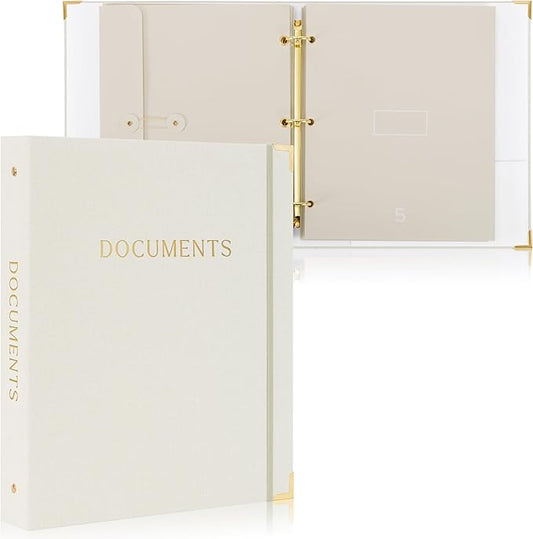 Aesthetic Document Organizer - Sturdy Linen 3-Ring Binder Safely Stores All Your Important Documents and Files in One Place - Easy to Use Expanding Storage Folder Incl. Envelopes, Pockets & Labels