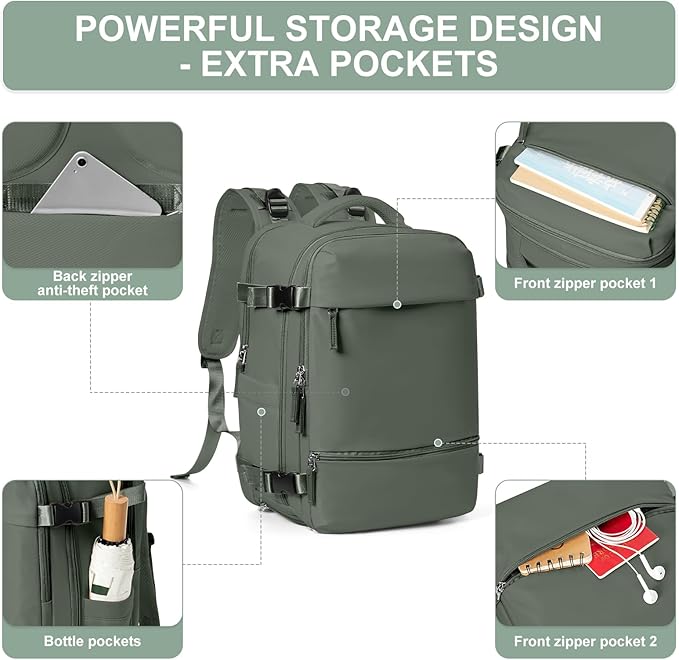 Travel Backpack Simple Durable Carry On Backpack with Shoe Compartment, Personal Item Travel Bag Flight Approved, Water Resistant Laptop Backpack for Women Men Weekender Business, Sage Green