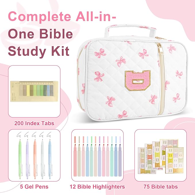 Personalized Initial Bible Cover Case for Women Girls Kid - Large Quilted Bible Case with Handle, Stylish Chenille Letter Bag Study Supplies, Perfect Christmas Gifts for Christians Women (Pink Bow-D)