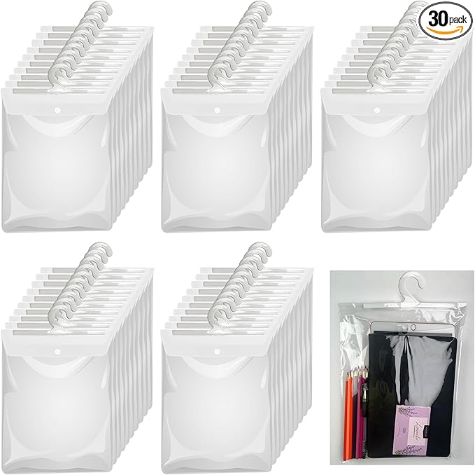 Hanging Storage Bags with Hanger,13" X11" Large Hook Hang-Up Clear Plastic Bags,Book Pouch School Supply Kit Classroom Organization for Classroom Library School Supplies Home Pharmacy Use (30)
