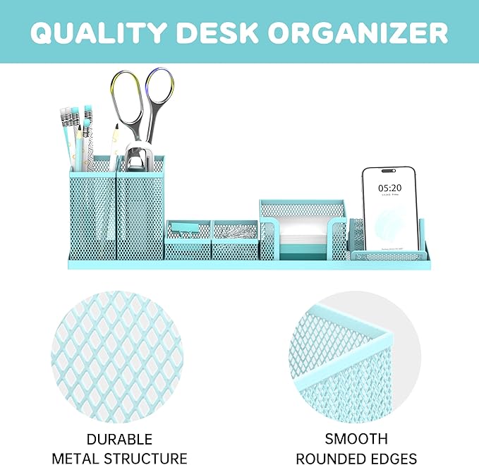 SUPEASY Pen Holder for Desk, 6 Piece Mesh Desk Organizer set, Desk Accessories for Office Organization with Mail Organizer, Letter Phone Holder, Sticky Notes Caddy Storage, Blue