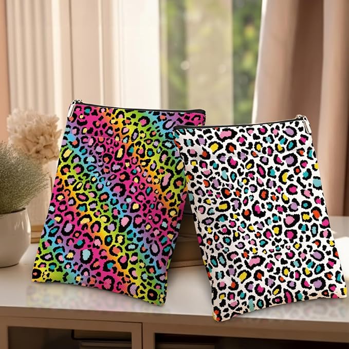 2 Pack Rainbow Leopard Print Book Sleeve, Books Protector，Books Pouch， Book Lovers Gifts，Bookish Gifts Waterproof Cover with Zipper，Leopard Decor Gift Bag for Women Girls Christmas Appreciation