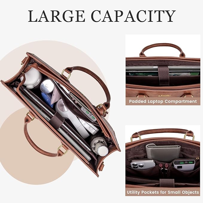 LOVEVOOK Laptop Bag for Women, 15.6 inch Laptop Tote Work Bag Purse, Large Waterproof Leather Computer Briefcase for Office, Reddish Brown