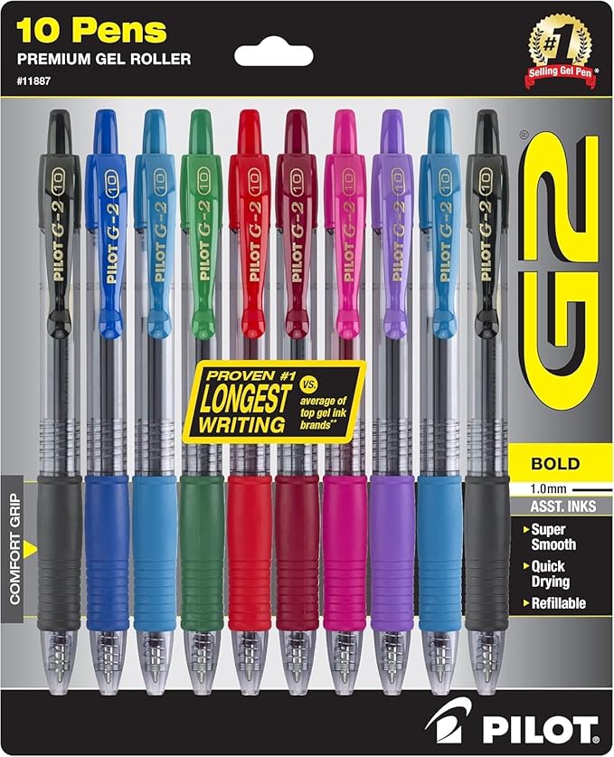 PILOT G2 Premium Retractable Gel-Ink Rolling Ball Pens, Bold Point (1.0mm), Assorted, 10-Pack, (11887)