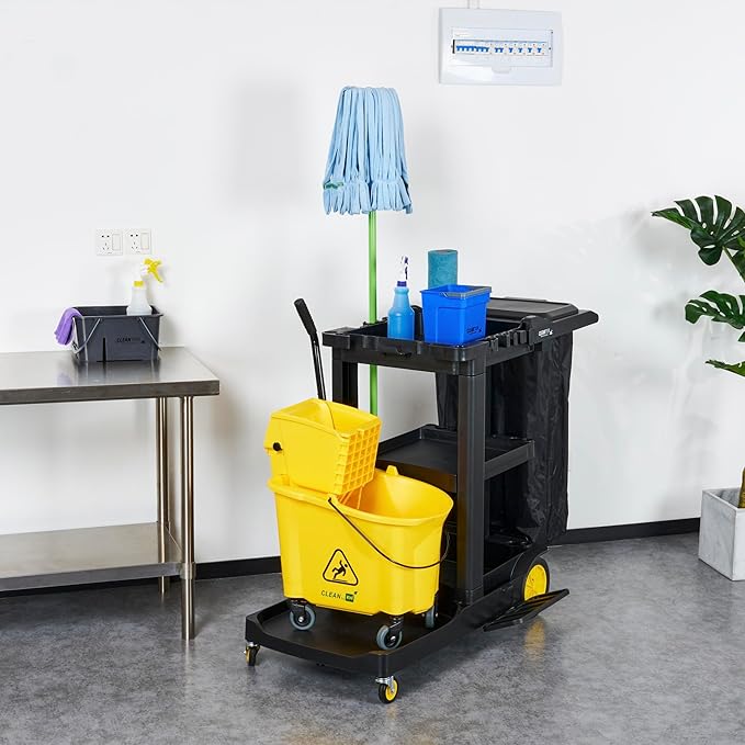 Restaurantware-Clean Tek Professional Janitor Cart with Wheels, 1 Cleaning Trolley with Cover and 21 Gallon Bag - 3 Shelves, Heavy-Duty, Gray Plastic Commercial Janitorial Cart, for Restaurants