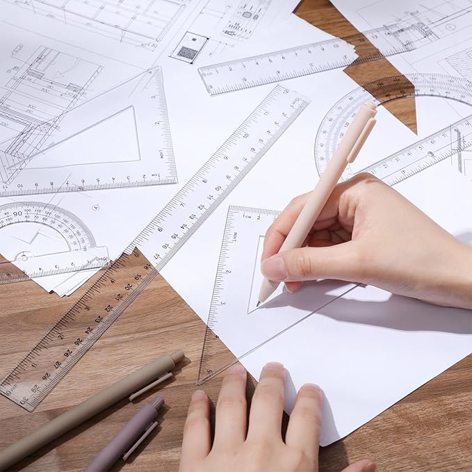 Tenare 6 Pcs Plastic Ruler Math Set Includes 12 Inch 6 Inch Straight Ruler Protractor Triangle Rulers Geometry Transparent Math Ruler Measuring Tools for School Office Home(Clear)