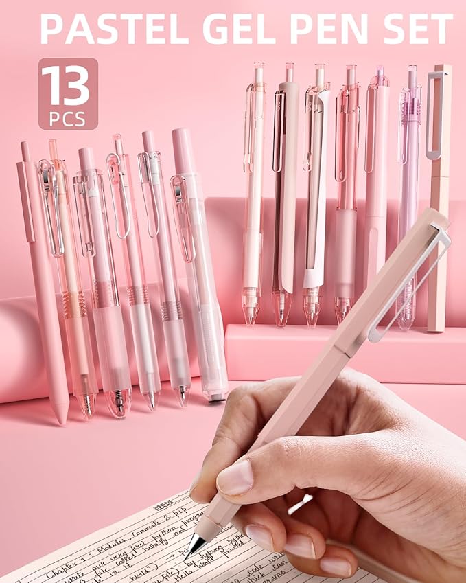 Nicpro 13Pack Pastel Gel Ink Pen Set with Case, Cute Retractable 0.5mm Fine Point Pen, 12 Pink Pens Black Ink with 1 Highlighter, Aesthetic Pens for Student Note Taking,Writing,Office Supplies (Pink)