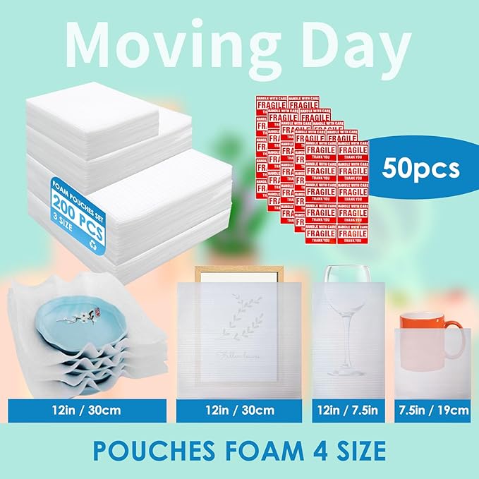 200 Pack Cushion Foam Pouches 3 Sizes wrap pouches with 12x12 Inch Foam Wrap Sheets dish packing kit Moving Fragile Items Packing Moving Supplies for Storage and Shipping With 50Fragile Stickers