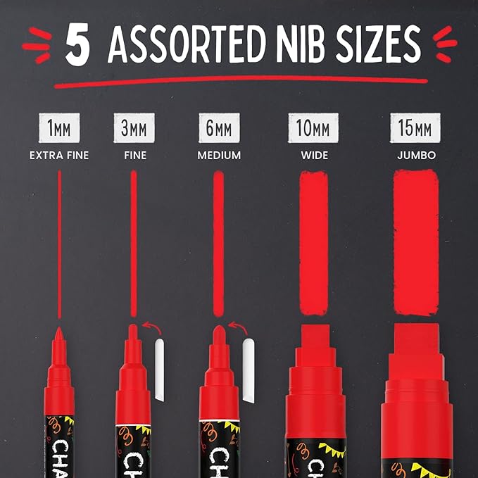 5 Red Chalkboard Chalk Markers - Red Dry Erase Markers for Blackboard, Chalkboard Signs, Windows, Glass | Variety Pack - Fine & Jumbo Size Ink Pen (1mm, 3mm, 6mm, 10mm, 15mm)