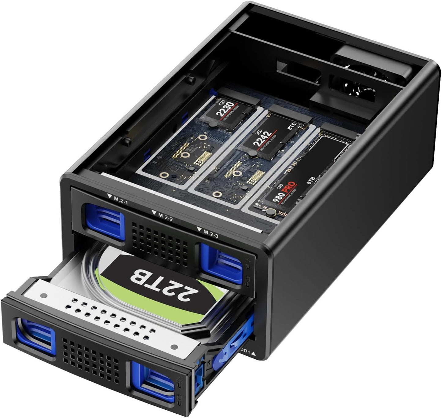 Hybrid 2.5/3.5" SATA HDD/SSD+3* M / B+M Key M.2 NVMe Enclosure with Cooling Fan and USB A/C 3.2 Gen 2 (10Gbps), Hard Drive Enclosure Support 46TB(22TB HDD+3*8TB 2230/2242/2260/2280/22110 SSDs)