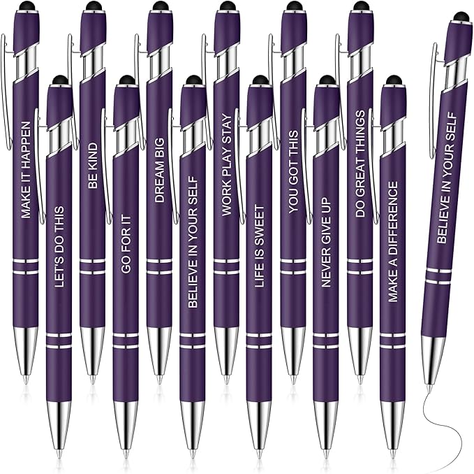 Zonon 12 Pieces Inspirational Pens Bulk Easter Basket Stuffers Motivational Quotes Ballpoint Pens with Stylus Tip Inspirational Gifts for School Office Teachers(Dark Purple,Motivational Style)