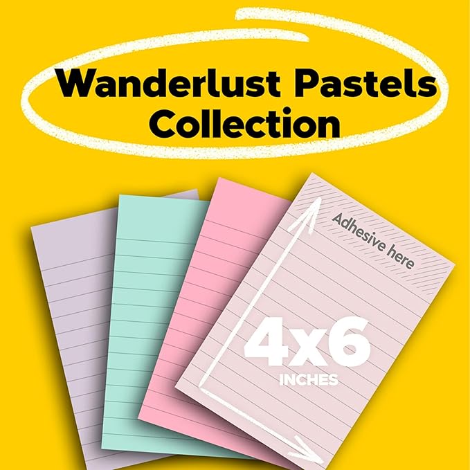 Post-it 100% Recycled Paper Super Sticky Notes, Lined, 4 in. x 6 in., 4 Pads, 45 Sheets per Pad, Wanderlust Pastels, School Supplies and Office Products