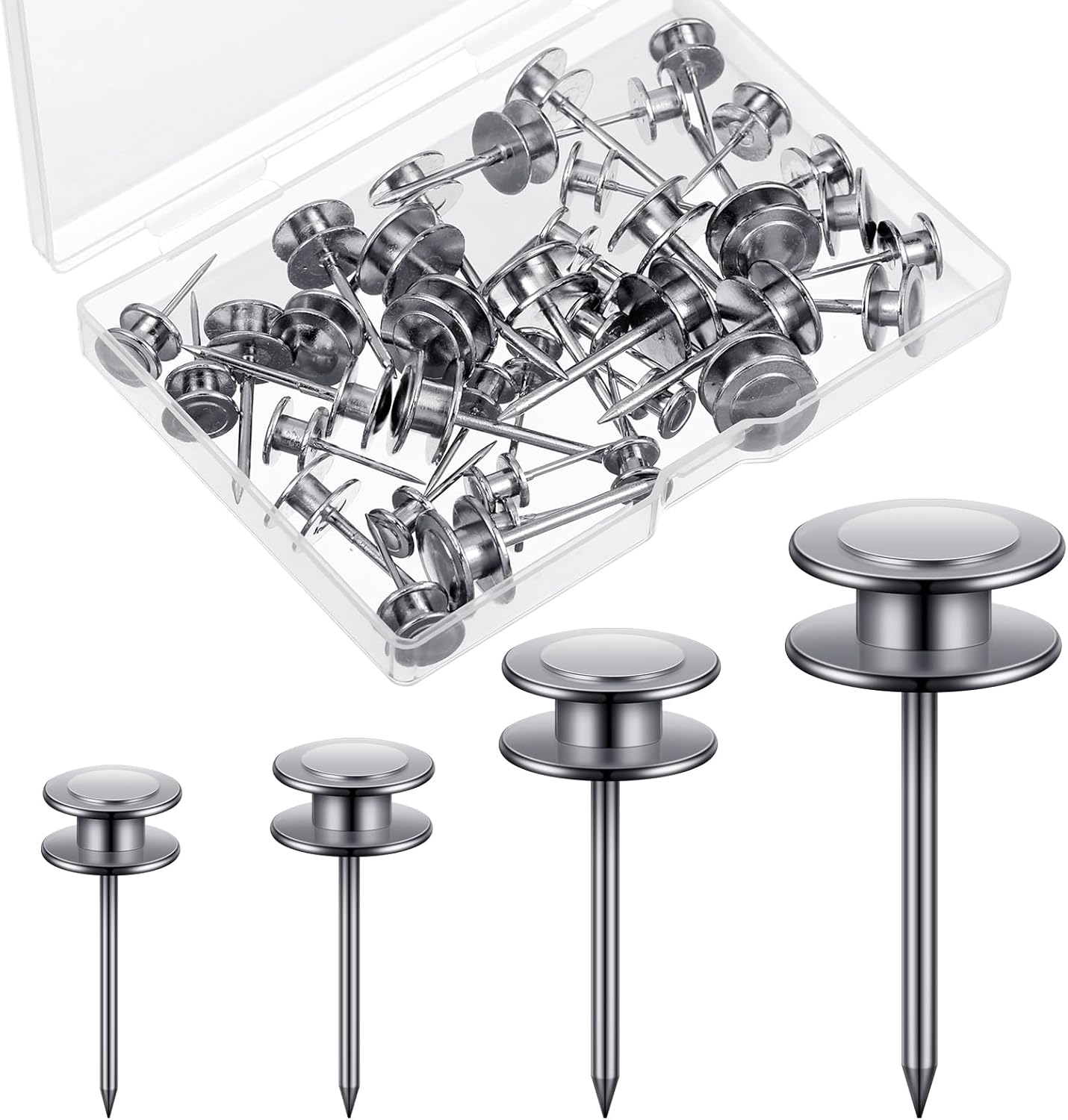 Ferraycle 40 Piece Double Headed Picture Hangers Nails 4 Size Long Thumb Tacks for Wall Hanging Decorative Nails Push Pins Picture Hooks for Drywall Photo Decor, 10/20/ 30/ 50lb(Silver)