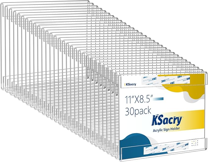 30 Pcs Acrylic Sign Holder 11 x 8.5, Horizontal Wall Mount Sign Holders with 3M Adhesive, Clear Plastic Frames Paper Display Sign Holders for Office, Home, Store, Restaurant - No Drilling