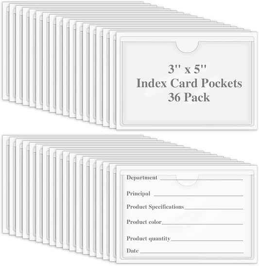 36 Pack Adhesive 3" x 5" Index Card Pockets with Top Open for Loading, Clear Plastic Labels Holders for Organizing, Storage Bins, Library Card, Totes, Shelves