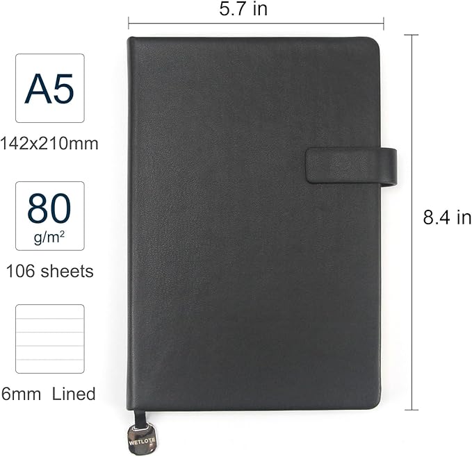 A5 Hard Cover Notebook with Pen Holder, Gold Edges & 180° Lay Flat - Large 5x8.25 Lined, Bookmark, Gift Box - Durable Journal for Office, Study, Travel - Writers, Students(Black)
