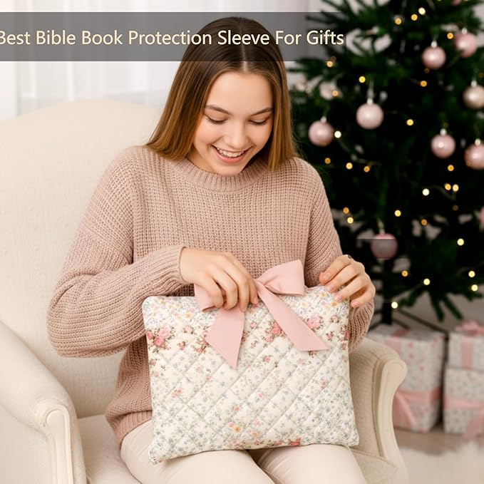 Honoson Quilted Bow Bible Sleeve Book Cover Case Padded Protector Washable Bible Bag Pouch Christian Gift for Women Girls Book Lover Gifts(Assorted Floral)