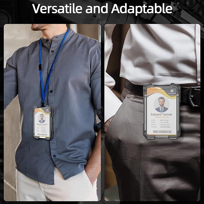 Oaridey Badge Holder/ID Card Holder/Portable Travel Wallet with Manganese Steel Clip, Heavy Duty Vertical Clear ID Holder for Work ID, Credit Cards- Black Genuine Leather