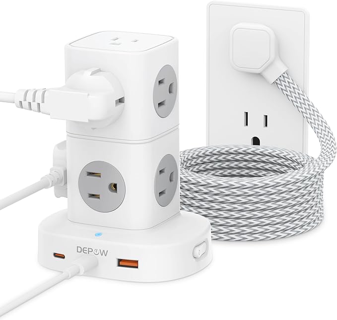 Power Strip Tower Surge Protector with 9 Outlets 3 USB (2 USB C), 5Ft Braided Extension Cord with Multiple Outlets, 1700J Surge Protection, Detachable Charging Station for Home Office Dorm