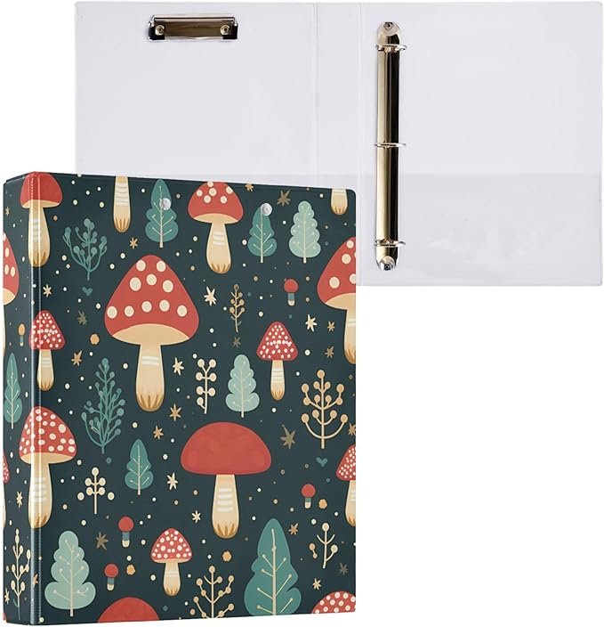 Cute Mushroom Red 3 Ring Binders with Clipboard File Folder for Office School with Pocket, 1 Pack, E01W24021