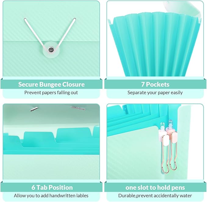 SKYDUE Expanding File Folder with 7 Pockets, Accordion File Organizer, Portable Folders for Documents, School Office Supplies Bungee Closure, Letter/A4 Size Bungee Closure, Green