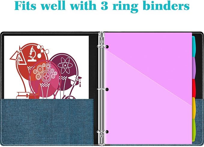 INFUN Plastic 5-Tab Binder Dividers with 2 Pockets - 3 Sets,15PCS Multicolor 2 Pocket Dividers with 3 Holes for 3 Ring Binders ，Total 15 Tabs